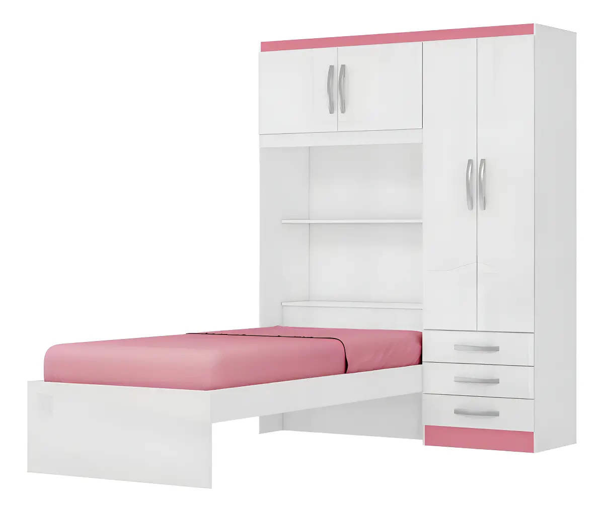 Guarda Roupa Infantil Menina com Cama 4 Portas 3 Gavetas Espresso Móveis Branco/Pink