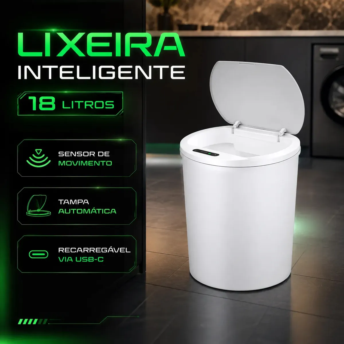 Lixeira Automática Inteligente 18 Litros Redonda Cor Branca com Sensor Infravermelho Tampa Touchless Recarregável USB Anti Odor para Cozinha e Banheiro
