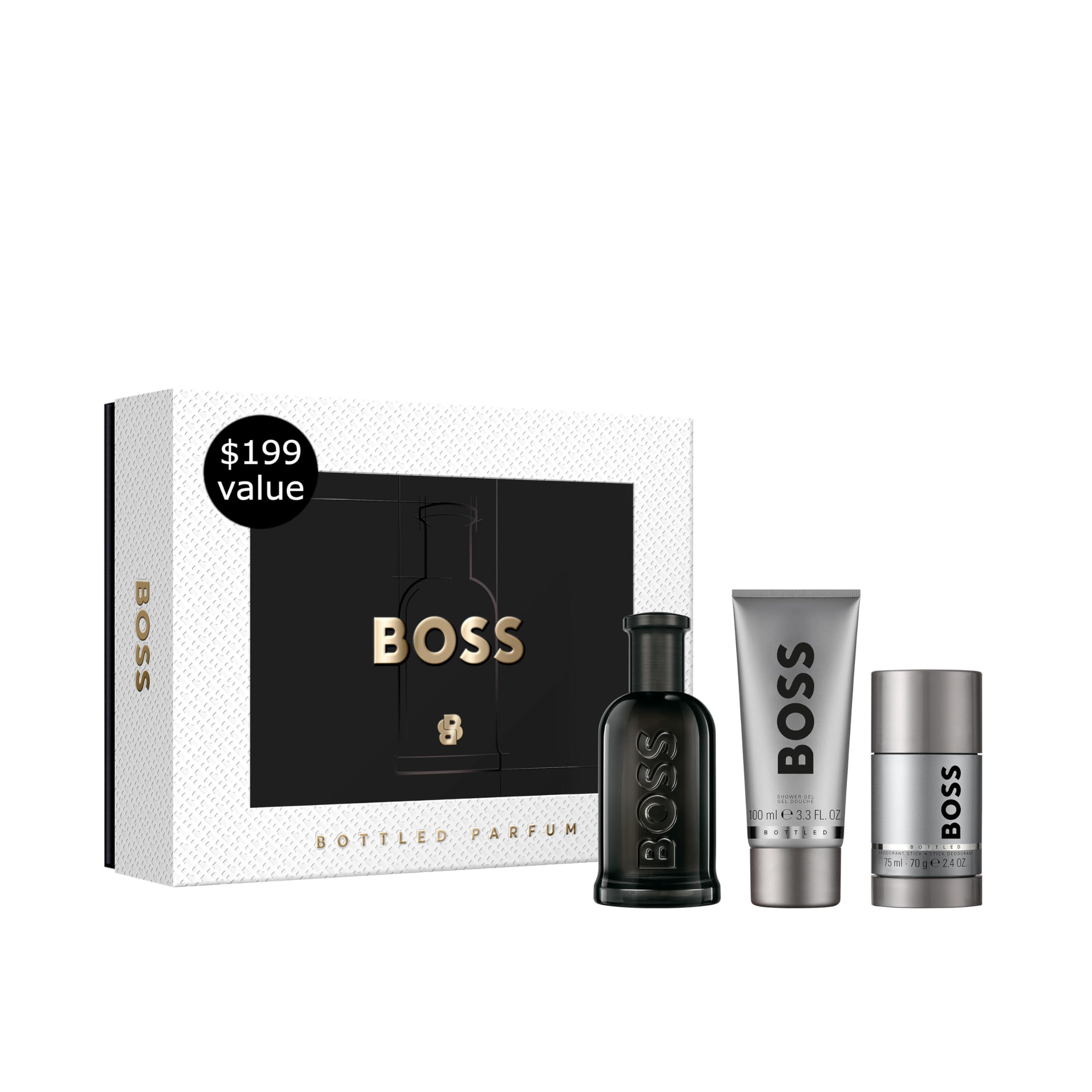 Kit Perfume Masculino Hugo Boss Bottled Parfum, Amadeirado Âmbar, 3 Itens