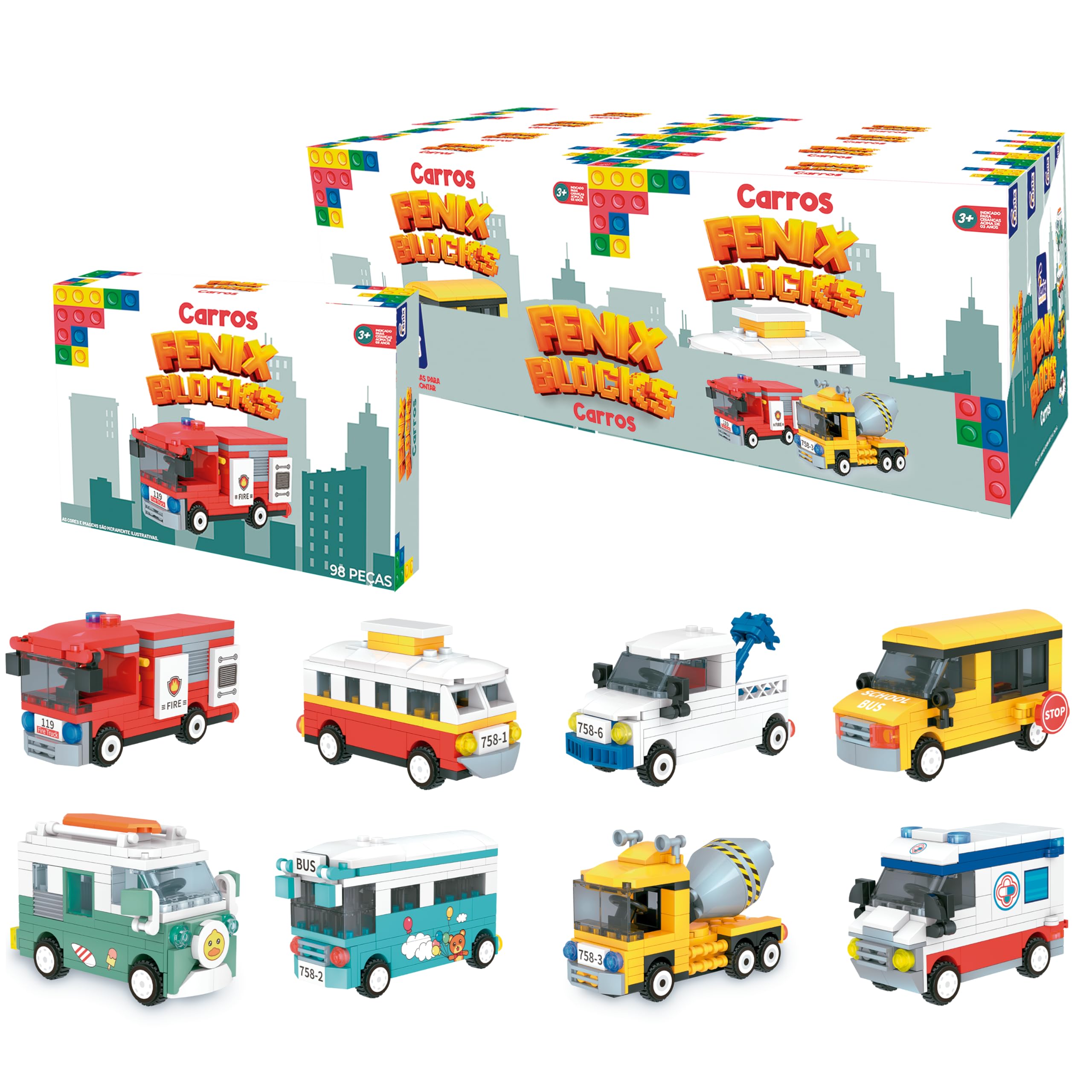 Fenix Blocks Carros Display Com 8 Unidades, Blocos De Montar Veículos E Carros, Brinquedo Educativo De Construção, Para Crianças A Partir De 6 Anos, Fenix Brinquedos