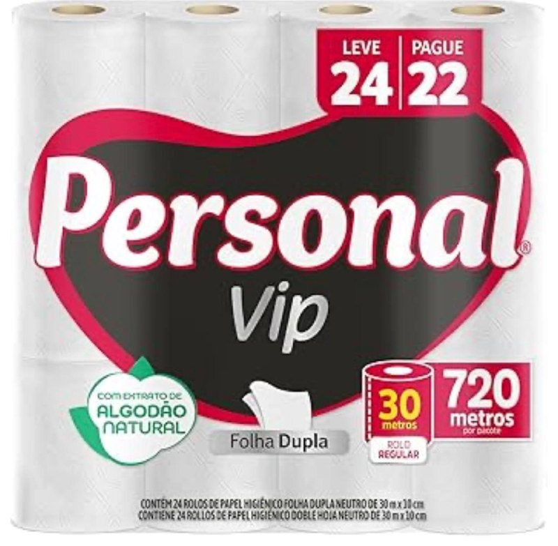 Personal VIP - Papel Higiênico Folha Dupla, Branco 24 unidades