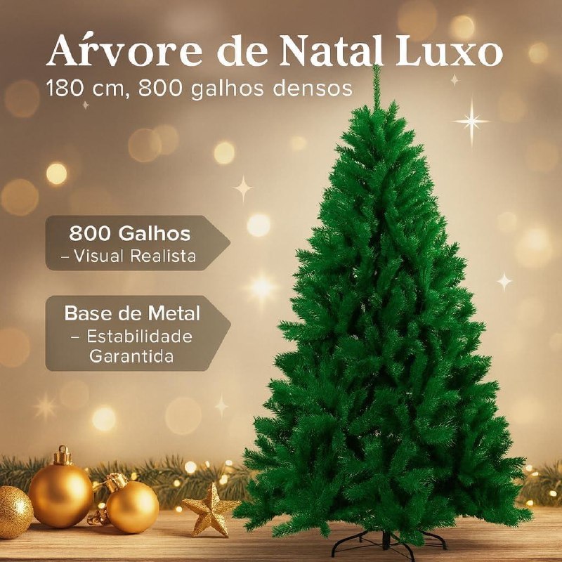 Árvore de Natal Luxo Pinheiro 1,80m 800 Galhos — Cheia, Realista e Elegante Natal Encantador Decoração de Casa Decoração Natalina Inesquecível Base de Ferro Reforçada Resistente Linha Super Premium®