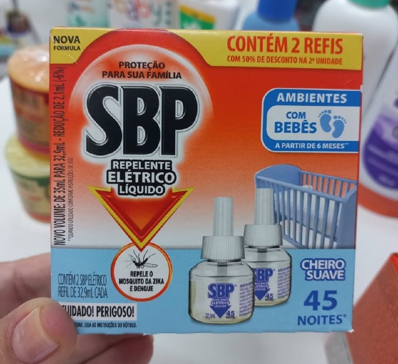 Repelente Elétrico Líquido SBP 45 Noites Cheiro Suave com 2 unidades de 32.9ml