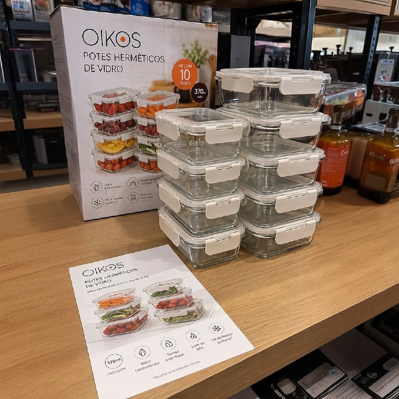 Oikos - Kit 10 Potes de Marmita 370ml Vidro Herméticos com Trava