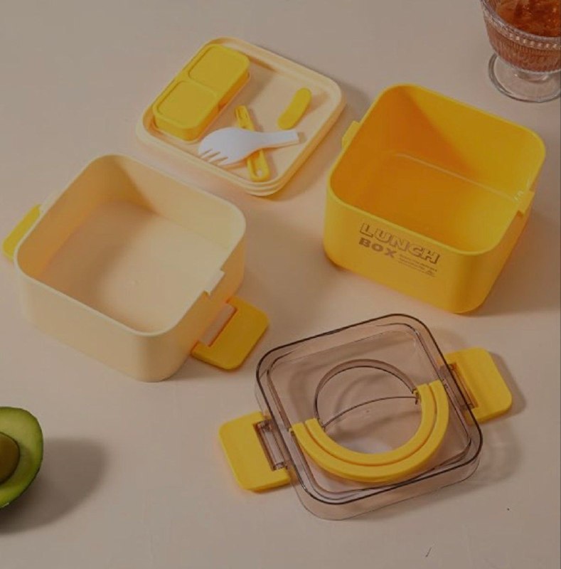 Sinovoe Marmita Lunch Box Amarela 1000ml com Colher - PP e PS com Silicone - 15x13x10,5cm