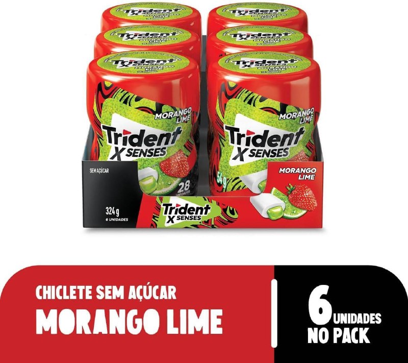 Chiclete Trident XSenses Morango Lime Sem Açúcar Garrafa - Caixa com 6 unid. de 54g