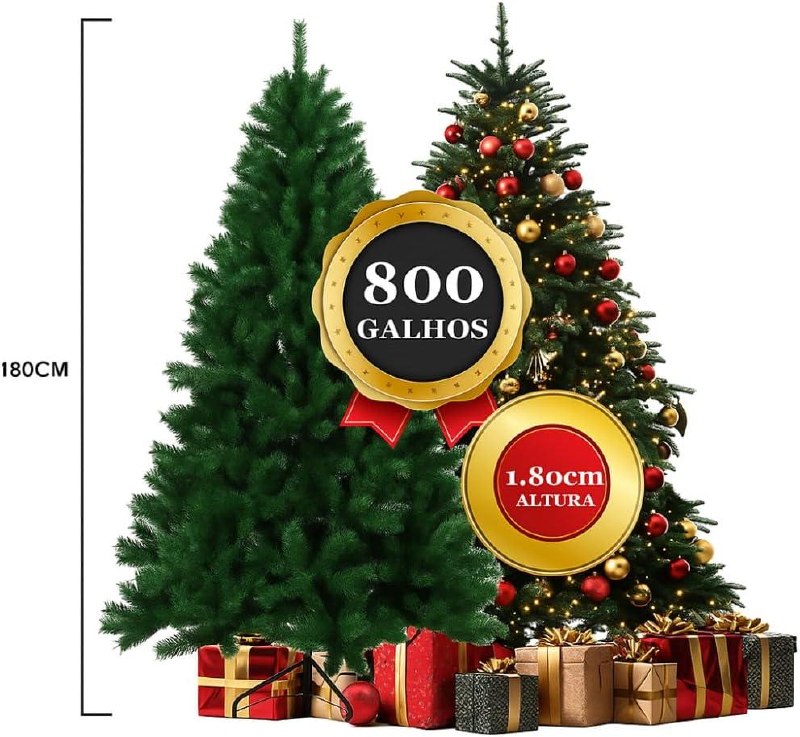 Árvore de Natal Luxo Super Premium Pinheiro 1,80 m — 800 Galhos, Cheia e Realista, Decoração para Casa com Estilo e Sofisticação | Estrutura Robusta com Base de Ferro Reforçada