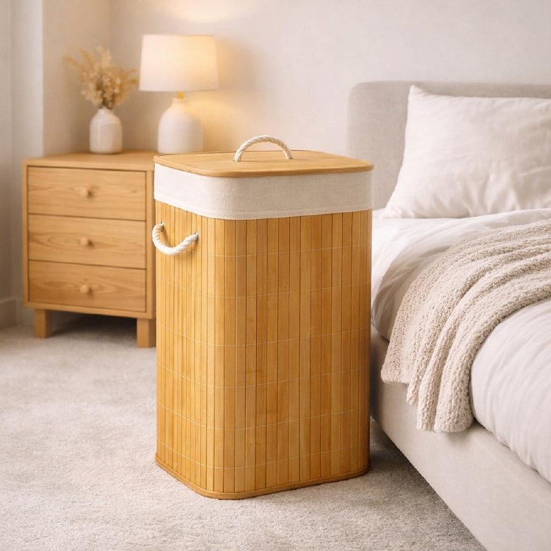 Cesto de Roupas em Bambu 60L com Tampa e Alças, Organizador Lavanderia Dobrável com Revestimento Interno Removível, Design Moderno para Banheiro Quarto Lavanderia Alta Capacidade e Durabilidade Luxo