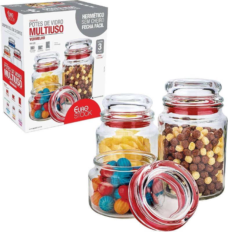 Euro Home - Conjunto com 3 Potes Multiuso de Vidro, Tampa Herméticas - VDR1129-VM