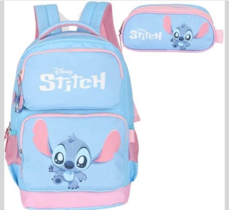 Mochila Infantil Stitch com Estojo Triplo Azul